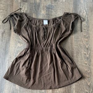 Y2K Belize Off Shoulder Peasant Top Brown Babydoll Boho Medium